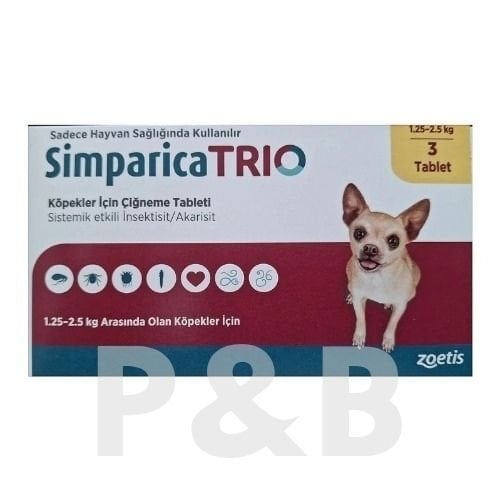 Simparica Trio 1.3 - 2.5 Kg Arası Köpekler İçin İç Dış Parazit Tableti ( 1 Kutu 3 Tablet İçerir )SKT:02.2027