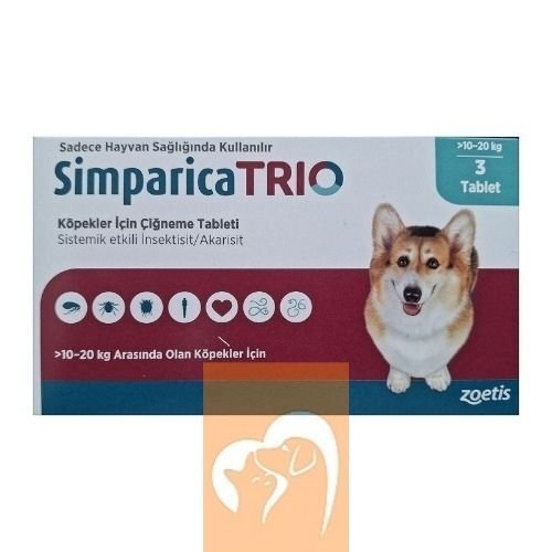 Simparica Trio 10 - 20  Kg Arası Köpekler İçin İç Dış Parazit Tableti ( 1 Kutu 3 Tablet İçerir )SKT:03.2027