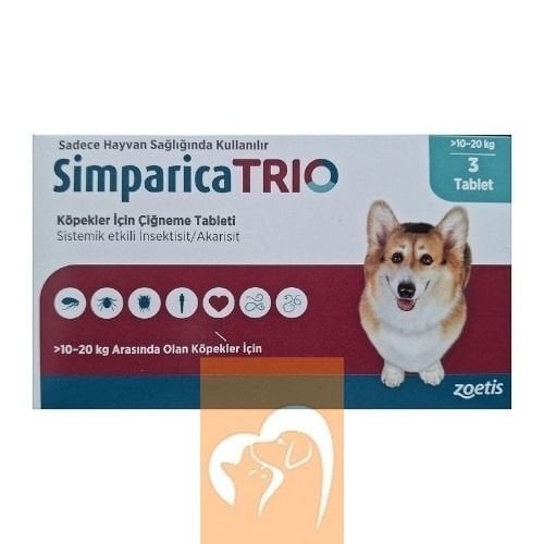 Simparica Trio 10 - 20  Kg Arası Köpekler İçin İç Dış Parazit Tableti ( 1 Kutu 3 Tablet İçerir )SKT:03.2027